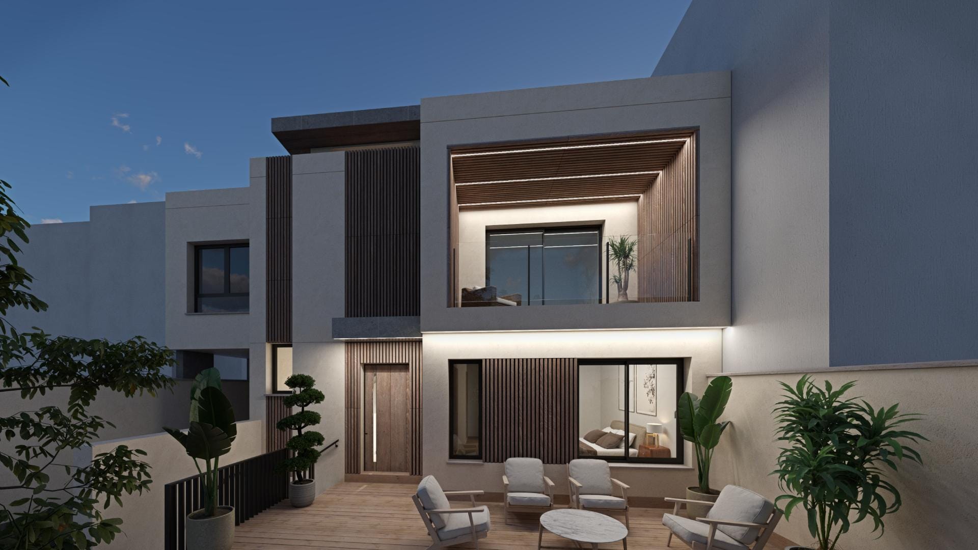 terraza delantera nocturna de una vivienda unifamiliar hecha por tovar arquitectos para chalets.