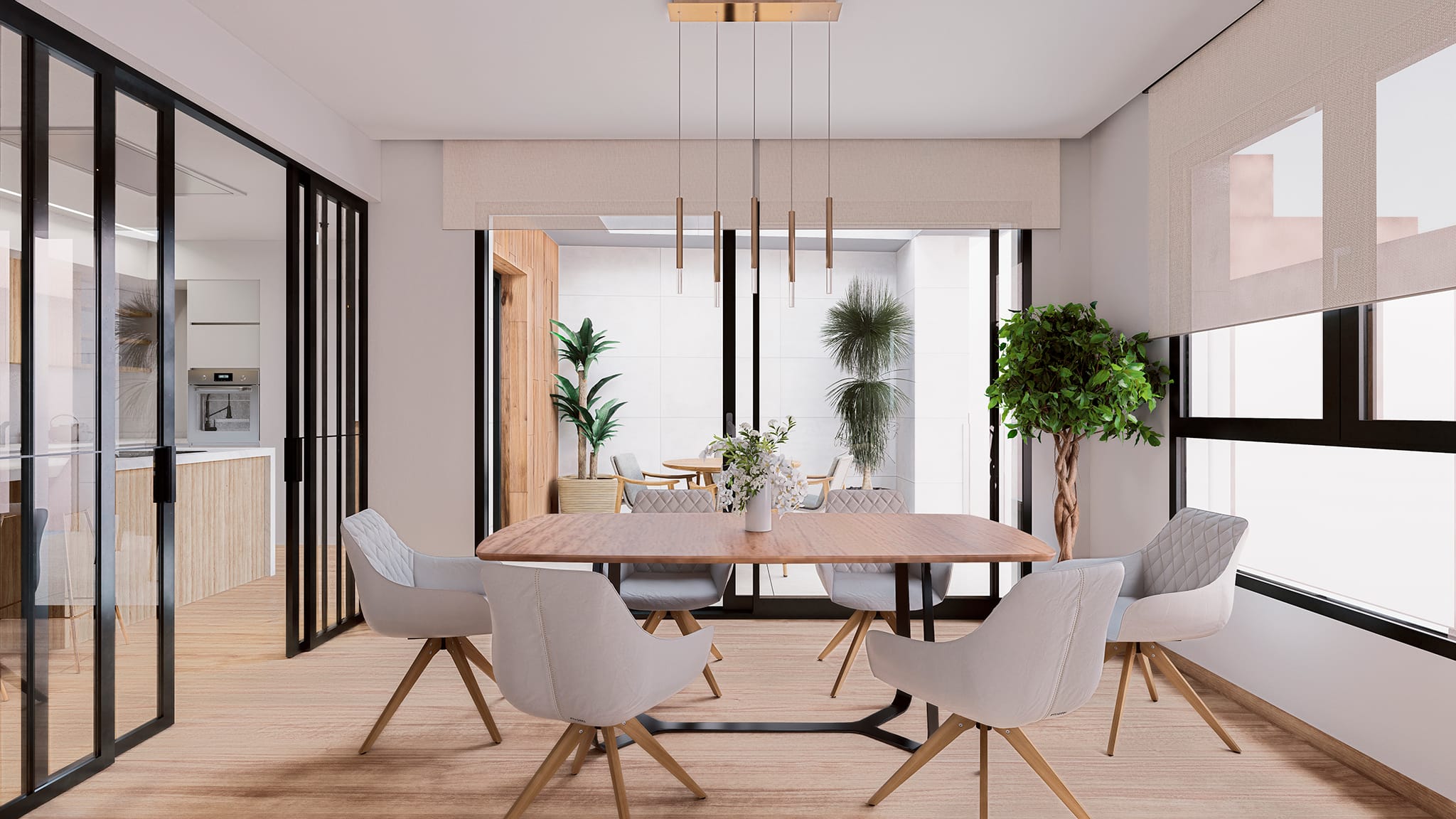 salon-comedor-luminosa Salón-comedor abierto con cocina separada por vidrio, acabados cálidos y distribución pensada para vivir en una sola planta.